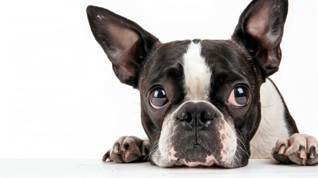 Boston terrier dog resting on a white desk with its head up and looking cute