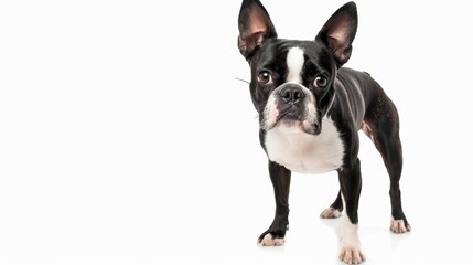 Curious boston terrier on white background, with brown eyes and short coat, looking at camera. Cute and attentive dog perfect for pet projects