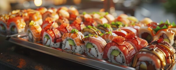 Delicious sushi platter with assorted rolls, 4K hyperrealistic photo