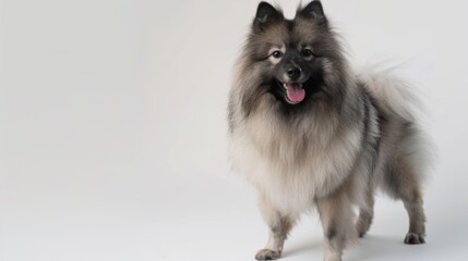 Beautiful keeshond dog posing on a white background with a happy and healthy expression, tongue out