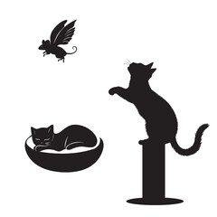 Cat catching flying mouse other cat sleeping silhouette