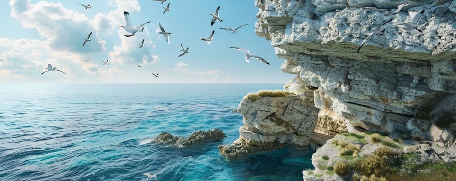 Coastal cliffs with seagulls flying, 4K hyperrealistic photo