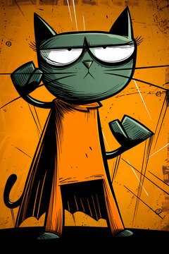 A humorous and vibrant illustration of a cat dressed as a superhero, complete with a cape and mask, showcasing a playful and imaginative character in an animated style.