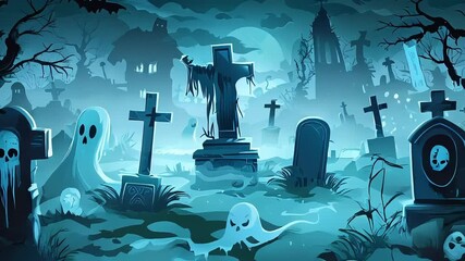 A mysterious graveyard with glowing ghosts and ancient tombstones under a foggy moonlit sky.