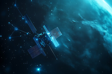 An abstract digital background showcasing a satellite 
