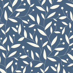 Seamless cyanotype styled pattern of wavy branches with leaves and berries. Blue minimalist decorative botanical background.