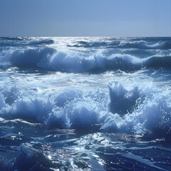 Fototapeta premium Mesmerizing Ocean Waves Rolling Towards the Shore with Sunlight Reflection and Frothy White Foam - A Tranquil yet Powerful Scene