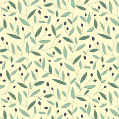 Repeat pattern of ripe olive branches with leaves and black berries on soft yellow background. Hand drawn organic harvest print.