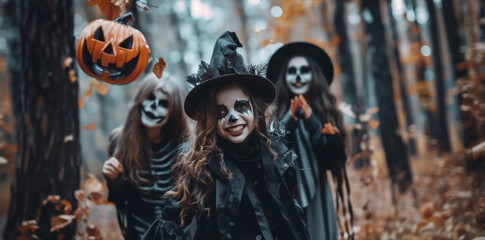 Obraz premium Excited group of friends in Halloween face paint and costumes, holding carved pumpkins in a festive, spooky setting Wide web banner