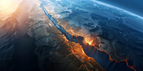 Illustration of tectonic plates shifting, with a fault line and Earth's layers highlighted, demonstrating the process of continental drift and seismic activity.