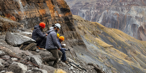 Scientific expedition team examining a significant fault line in a remote mountain region, with geologists taking measurements and samples from the exposed rock layers.