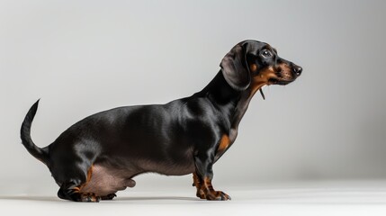 Black and tan dachshund dog standing on a white background looking to the right of the frame