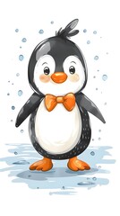 Obraz premium Charming Cartoon Penguin in Bow Tie Standing on Ice with Cheerful Expression