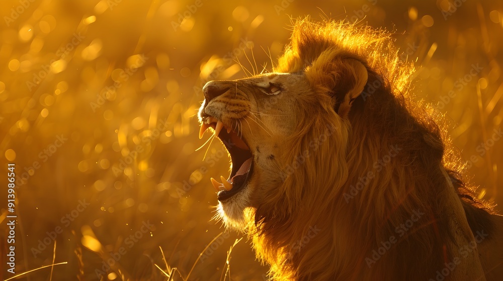 Wall mural Majestic Lion Roaring in the Golden Savanna Vibrant Wildlife Portrait