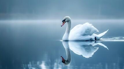 Obraz premium Elegant Swan Gliding Across Serene Lake with Peaceful Reflection