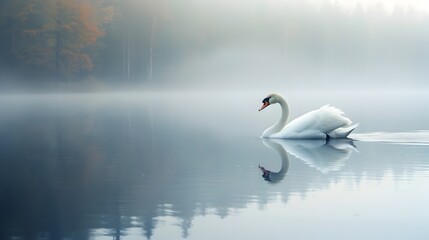 Fototapeta premium Elegant Swan Gliding Across Serene Misty Lake with Reflected Beauty