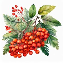 Watercolor set of leaves and rowan berries, hand drawn floral illustration isolated on white background.