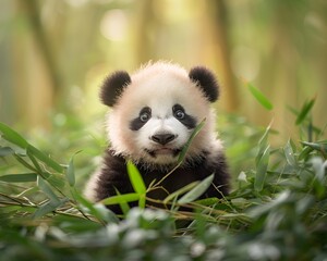 Fototapeta premium Captivating Baby Panda Playfully Exploring Lush Bamboo Forest Adorable and Curious Wild Animal Concept