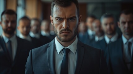 Fototapeta premium Serious Businessman Leads Group of Professionals in Modern Office Environment
