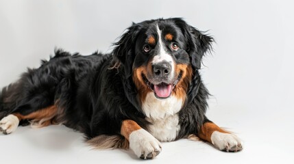 Happy bernese mountain dog is relaxing on a white surface, with its tongue out and a joyful expression