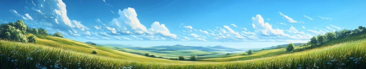 Obraz premium Serene Pastoral Landscape: 4K Wallpaper of Lush Green Meadow on Rolling Hills under Blue Sky with Fluffy Clouds. Idyllic Countryside Scene for Creative Marketing, Agricultural Packaging, and Nature-in