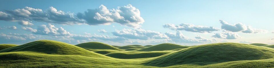 Obraz premium Serene Pastoral Landscape: 4K Wallpaper of Lush Green Meadow on Rolling Hills under Blue Sky with Fluffy Clouds. Idyllic Countryside Scene for Creative Marketing, Agricultural Packaging, and Nature-in