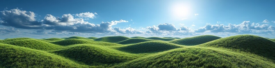 Obraz premium Serene Pastoral Landscape: 4K Wallpaper of Lush Green Meadow on Rolling Hills under Blue Sky with Fluffy Clouds. Idyllic Countryside Scene for Creative Marketing, Agricultural Packaging, and Nature-in