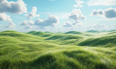 Obraz premium Serene Pastoral Landscape: 4K Wallpaper of Lush Green Meadow on Rolling Hills under Blue Sky with Fluffy Clouds. Idyllic Countryside Scene for Creative Marketing, Agricultural Packaging, and Nature-in