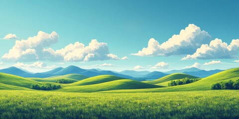 Obraz premium Serene Pastoral Landscape: 4K Wallpaper of Lush Green Meadow on Rolling Hills under Blue Sky with Fluffy Clouds. Idyllic Countryside Scene for Creative Marketing, Agricultural Packaging, and Nature-in