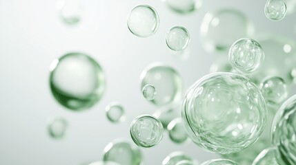 A close up of bubbles and drops, on a green background.