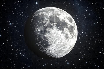 Naklejka premium Magical view realistic grey surfaced moon in deep outer space with numerous stars, 3d render
