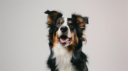 Happy border collie dog panting and smiling, looking up against a white background with a playful and friendly expression, tongue out
