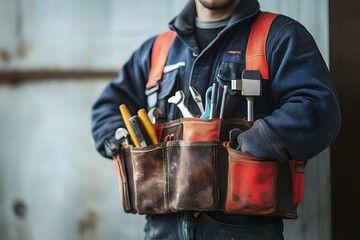 Fototapeta premium Close up portrait of maintenance worker with tool kits against rugged wall in industrial setting