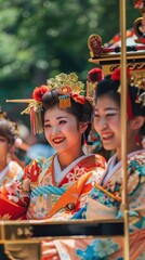 Young women in vibrant kimono smiling and enjoying a cultural festival under the sun