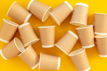 Disposable paper coffee cups, top view. Eco-friendly zero waste products