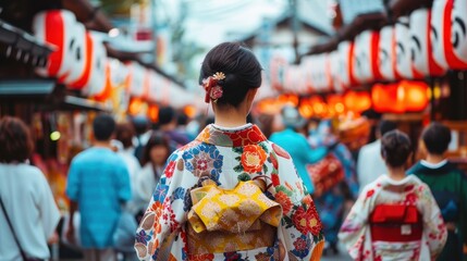 A woman in a vibrant kimono walks through a bustling market adorned with lanterns