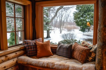 A cozy nook with a window seat, adorned with plush cushions and a view of a snow-covered garden. 