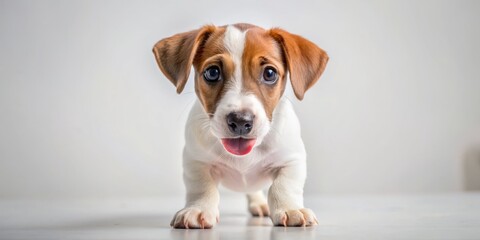 Cute and curious Jack Russell Terrier puppy with big brown eyes and floppy ears stands alone, licking lips, against a clean white studio background.