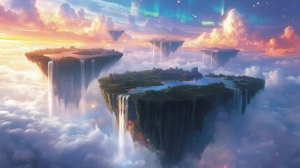 A breathtaking fantasy landscape depicting a series of floating islands suspended in a vibrant, cloud-filled sky.