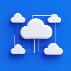 A minimalist graphic of a cloud network on a bright blue background, featuring interconnected white cloud icons.