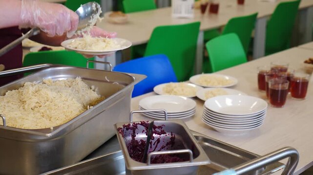 Canteen worker serving dishes on plates for students in modern school cafeteria. Modern canteen, cafe, restaurant of public catering. Different dishes on distribution zone in dining room. School