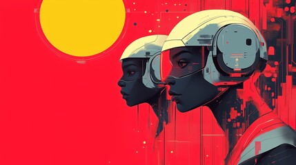 Obraz premium A vibrant digital artwork featuring the side profiles of two female androids with dark skin tones, set against a bold red background.