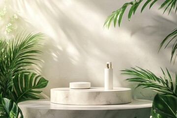 Studio podium backdrop for product display, Blank showcase mockup with natural elements, with generative ai