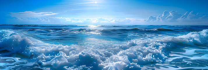 Fototapeta premium Mesmerizing Ocean Waves Rolling Towards the Shore with Sunlight Reflection and Frothy White Foam - A Tranquil yet Powerful Scene