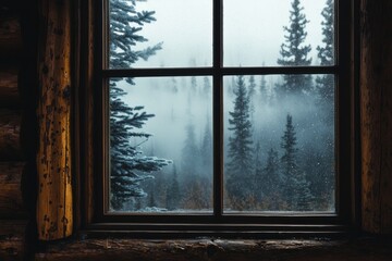 A window on a cozy log cabin, with the silhouette of pine trees outside. 