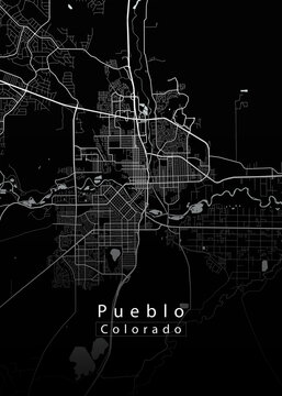 Minimalist black map of Pueblo, Colorado &ndash; A modern map print highlighting infrastructure of the city, useful for tourism purposes
