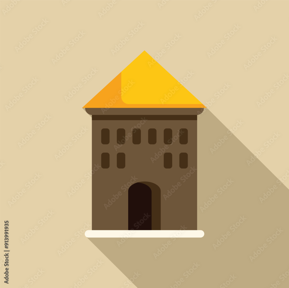 Wall mural Simple illustration of a building featuring a yellow roof, casting a long shadow on a light brown background