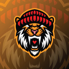 a sabertooth head wearing a beanie hat