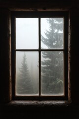 Fototapeta premium A window on a cozy log cabin, with the silhouette of pine trees outside. 