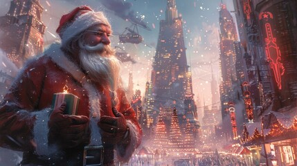 Fototapeta premium Santa Claus delivering gifts in a futuristic cityscape filled with holographic decorations and neon lights 